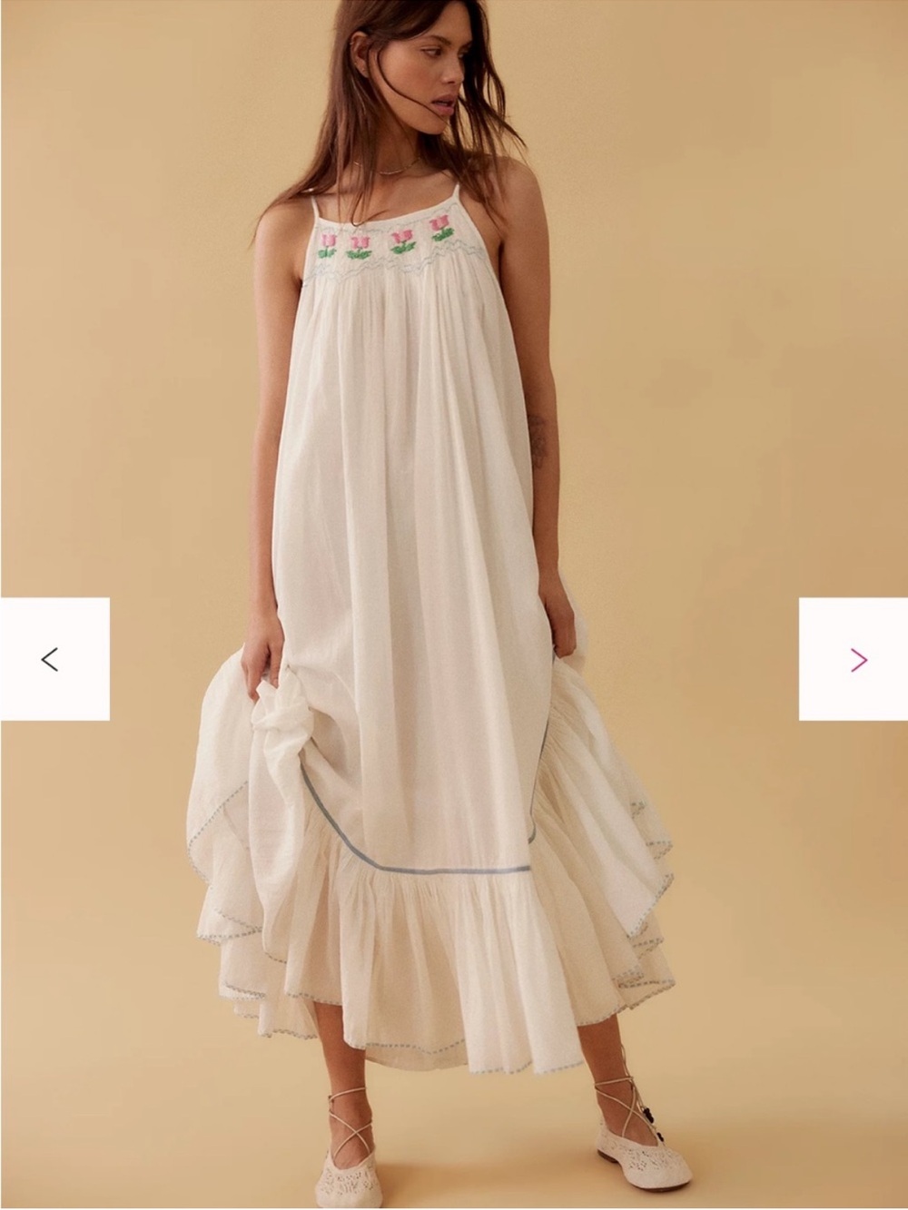 Free People Cream Embroidered Maxi Tip Toeing Tulips Dress size medium